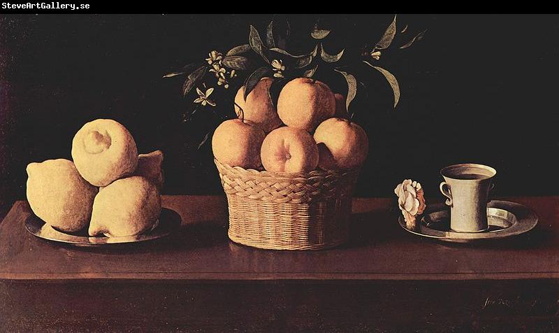 Francisco de Zurbaran Plato con limones cesta con naranjas y taza con una rosa